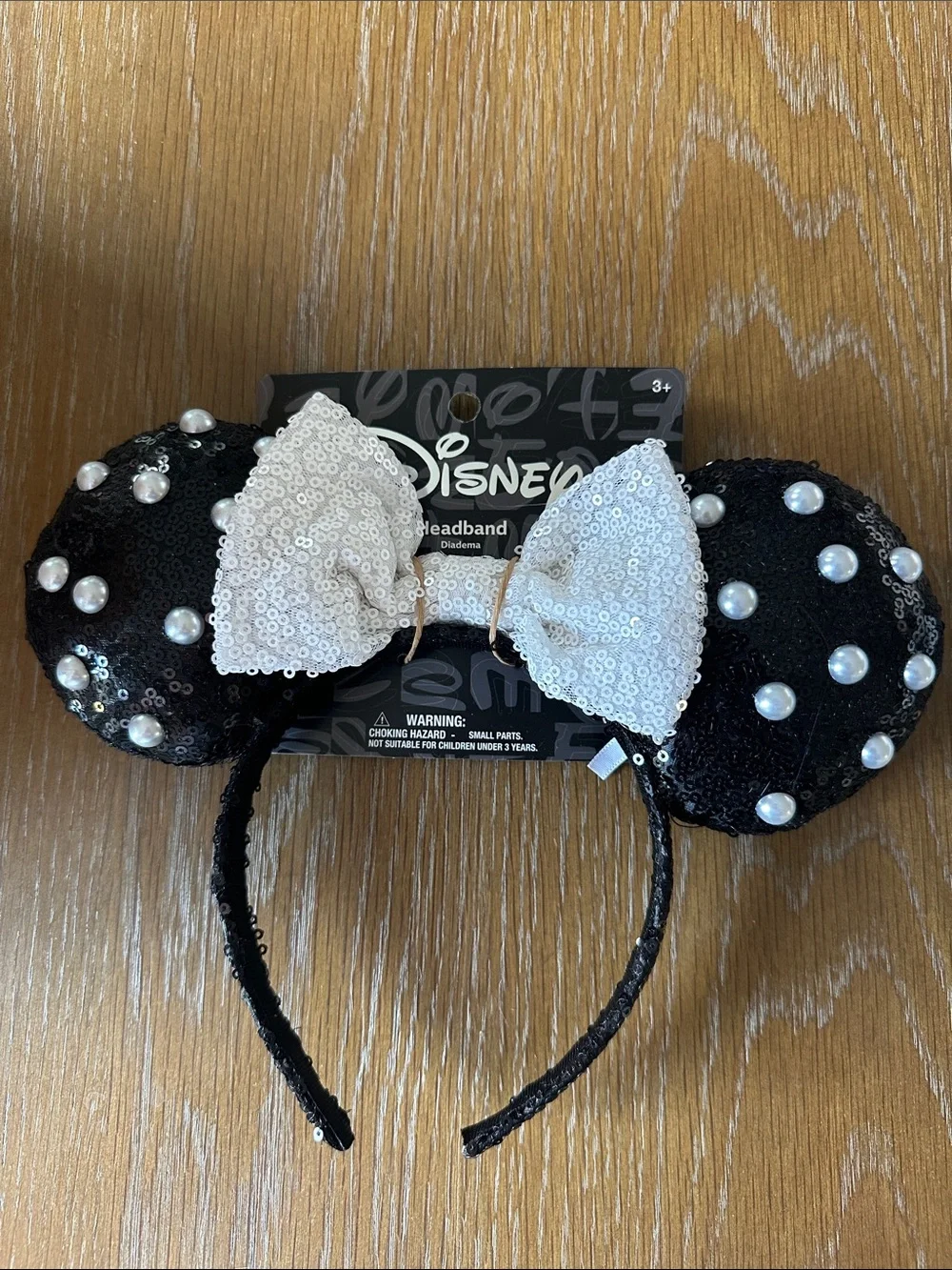 Disney Black Sequin Minnie Ears Headband with White Sequin Bow and Pearls